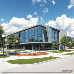 A highly detailed and realistic rendering of an architectural design showcasing a modern office building