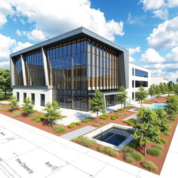 A highly detailed and realistic rendering of an architectural design showcasing a modern office building