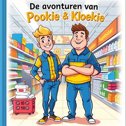 A lively illustration for the cover of a Belgian book titled 'De avonturen van Pookie & Kloekie'