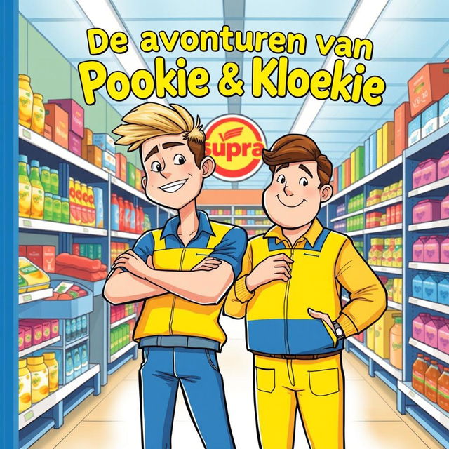 A lively illustration for the cover of a Belgian book titled 'De avonturen van Pookie & Kloekie'