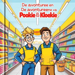 A lively illustration for the cover of a Belgian book titled 'De avonturen van Pookie & Kloekie'