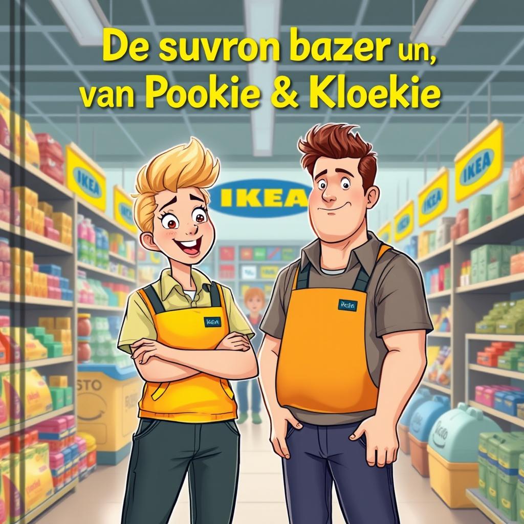 An engaging cover illustration for a Belgian book titled 'De avonturen van Pookie & Kloekie'