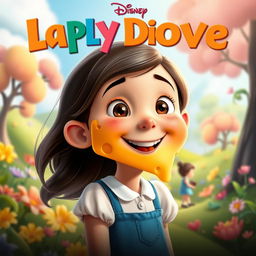A whimsical Disney-style movie poster featuring a cheerful girl with a large slice of cheese on her face