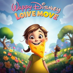 A whimsical Disney-style movie poster featuring a cheerful girl with a large slice of cheese on her face