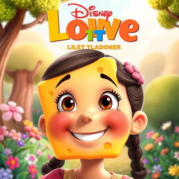 A whimsical Disney-style movie poster featuring a cheerful girl with a large slice of cheese on her face