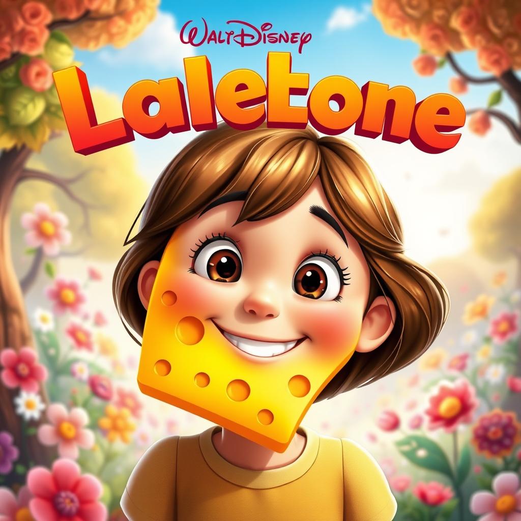 A whimsical Disney-style movie poster featuring a cheerful girl with a large slice of cheese on her face