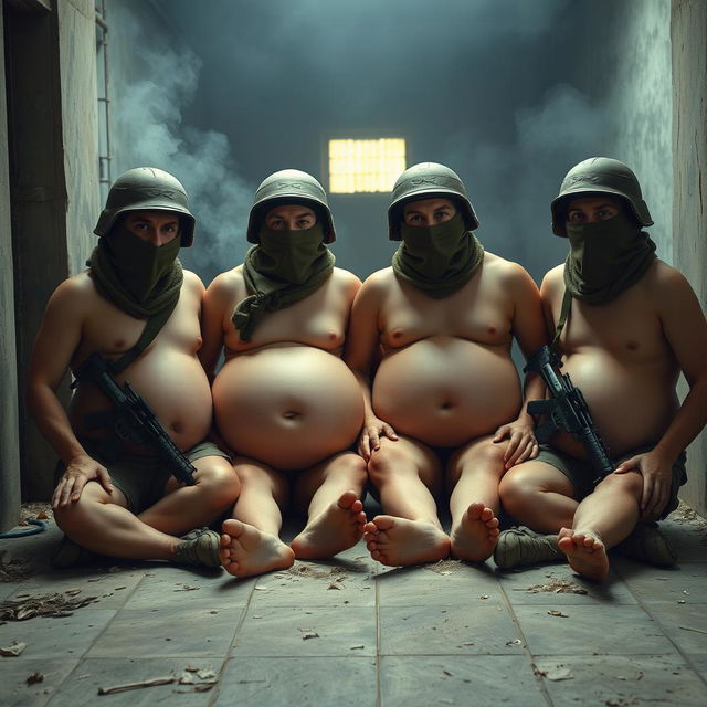 A humorous scene depicting four soldiers wearing Spetsnaz k6-3 helmets that cover their entire faces except for their eyes, all adorned with balaclavas and portrayed as naked