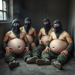 A humorous scene depicting four soldiers wearing Spetsnaz k6-3 helmets that cover their entire faces except for their eyes, all adorned with balaclavas and portrayed as naked