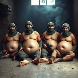 A humorous scene depicting four soldiers wearing Spetsnaz k6-3 helmets that cover their entire faces except for their eyes, all adorned with balaclavas and portrayed as naked