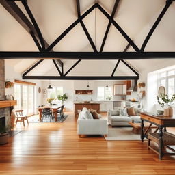 A stylish and rustic house interior featuring black steel beams and a white ceiling