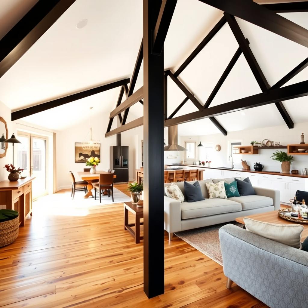A stylish and rustic house interior featuring black steel beams and a white ceiling