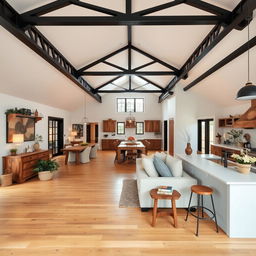A stylish and rustic house interior featuring black steel beams and a white ceiling