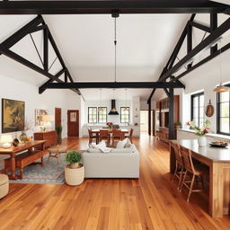 A stylish and rustic house interior featuring black steel beams and a white ceiling