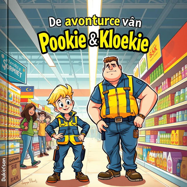 A tough and adventurous cover illustration for a Belgian book titled 'De avonturen van Pookie & Kloekie'