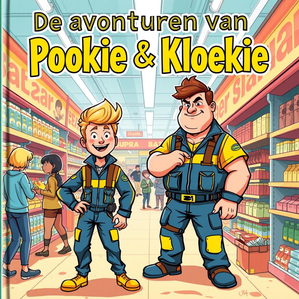 A tough and adventurous cover illustration for a Belgian book titled 'De avonturen van Pookie & Kloekie'