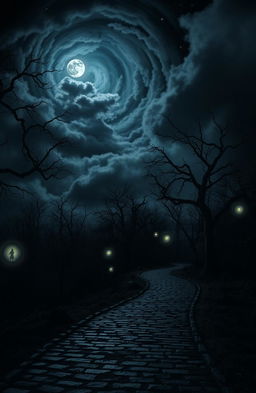 A haunting and mysterious landscape under a starry night, featuring ominous dark clouds swirling above a dense, eerie forest