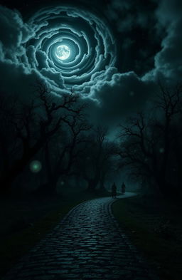 A haunting and mysterious landscape under a starry night, featuring ominous dark clouds swirling above a dense, eerie forest