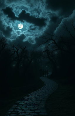 A haunting and mysterious landscape under a starry night, featuring ominous dark clouds swirling above a dense, eerie forest