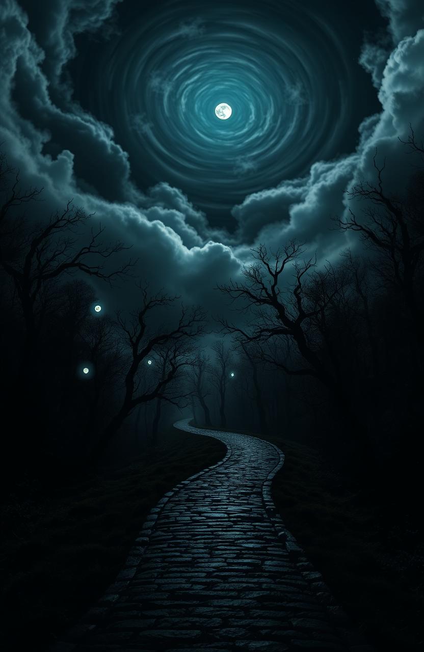 A haunting and mysterious landscape under a starry night, featuring ominous dark clouds swirling above a dense, eerie forest