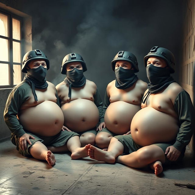 A humorous depiction of four soldiers wearing Spetsnaz k6-3 helmets that cover their entire faces except for their eyes, each one adorned with a balaclava and portrayed as naked