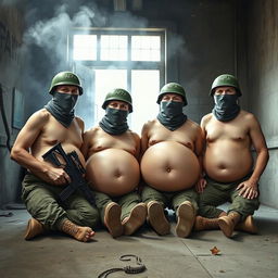 A humorous depiction of four soldiers wearing Spetsnaz k6-3 helmets that cover their entire faces except for their eyes, each one adorned with a balaclava and portrayed as naked