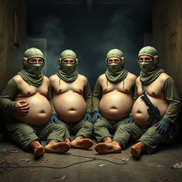 A humorous depiction of four soldiers wearing Spetsnaz k6-3 helmets that cover their entire faces except for their eyes, each one adorned with a balaclava and portrayed as naked