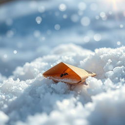 A tiny ant sheltering under a small folded piece of cardboard, surrounded by a thick blanket of snow covering the ground