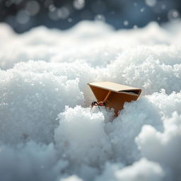 A tiny ant sheltering under a small folded piece of cardboard, surrounded by a thick blanket of snow covering the ground