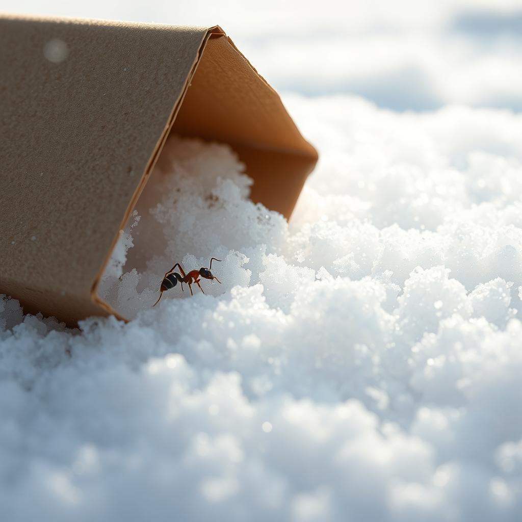 A tiny ant sheltering under a small folded piece of cardboard, surrounded by a thick blanket of snow covering the ground