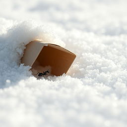 A tiny ant sheltering under a small folded piece of cardboard, surrounded by a thick blanket of snow covering the ground