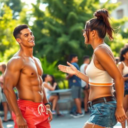 A dynamic scene featuring Cristiano Ronaldo and Mia Khalifa, both engaged in a playful and friendly conversation at a casual outdoor setting