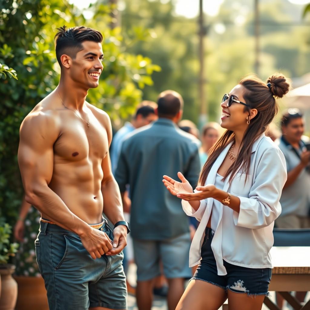 A dynamic scene featuring Cristiano Ronaldo and Mia Khalifa, both engaged in a playful and friendly conversation at a casual outdoor setting