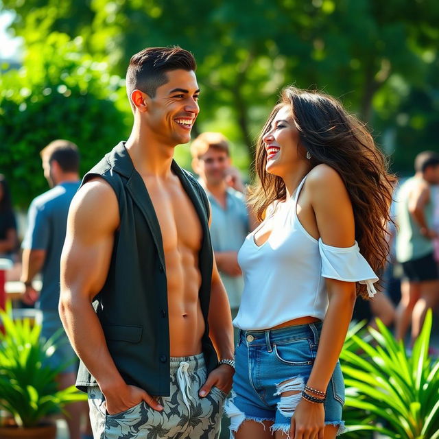 A dynamic scene featuring Cristiano Ronaldo and Mia Khalifa, both engaged in a playful and friendly conversation at a casual outdoor setting