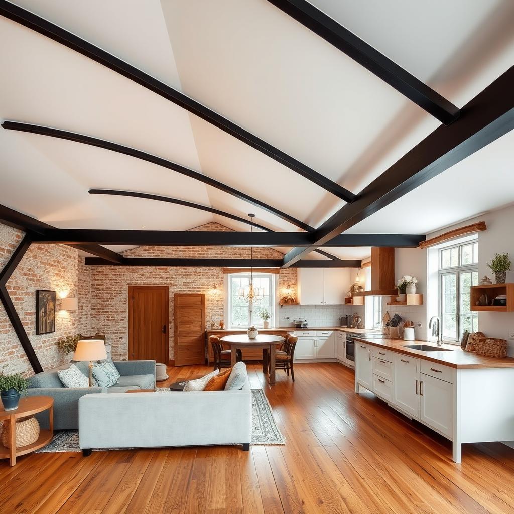 A rustic-style interior of a house with steel beams painted black, arranged horizontally every 1