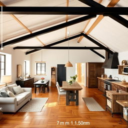 A rustic-style interior of a house with steel beams painted black, arranged horizontally every 1