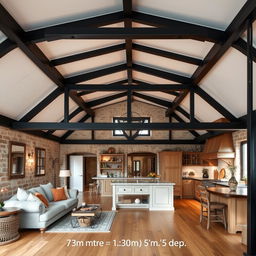 A rustic-style interior of a house with steel beams painted black, arranged horizontally every 1
