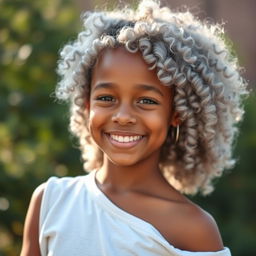 A girl with bronze skin and curly hair dyed in a light gray color