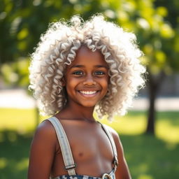 A girl with bronze skin and curly hair dyed in a light gray color