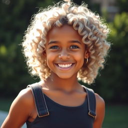 A girl with bronze skin and curly hair dyed in a light gray color