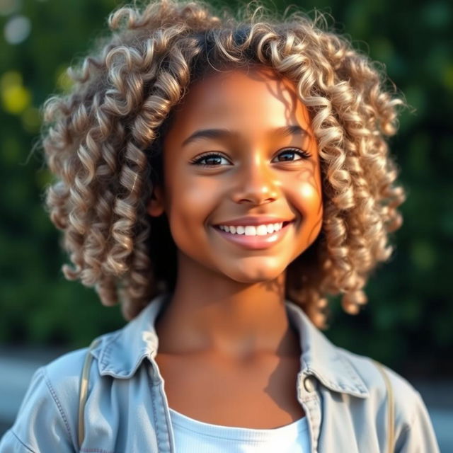 A girl with bronze skin and curly hair dyed in a light gray color