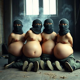 A humorous scene featuring four soldiers wearing Spetsnaz k6-3 helmets that cover their entire faces except for their eyes, each adorned with a balaclava and portrayed as naked with exaggeratedly inflated, giant round bellies due to an 'inflate-o-bomb'