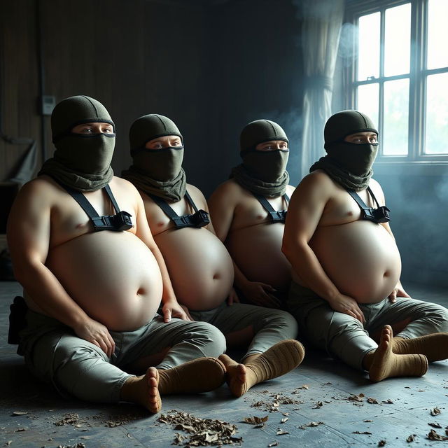 A humorous scene featuring four soldiers wearing Spetsnaz k6-3 helmets that cover their entire faces except for their eyes, each adorned with a balaclava and portrayed as naked with exaggeratedly inflated, giant round bellies due to an 'inflate-o-bomb'