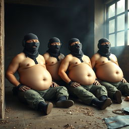 A humorous scene featuring four soldiers wearing Spetsnaz k6-3 helmets that cover their entire faces except for their eyes, each adorned with a balaclava and portrayed as naked with exaggeratedly inflated, giant round bellies due to an 'inflate-o-bomb'
