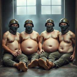 A humorous scene depicting four soldiers wearing Spetsnaz k6-3 helmets that cover their entire faces except for their eyes, each one adorned with a balaclava and portrayed as naked with exaggerated features