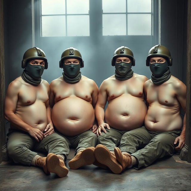 A humorous scene depicting four soldiers wearing Spetsnaz k6-3 helmets that cover their entire faces except for their eyes, each one adorned with a balaclava and portrayed as naked with exaggerated features