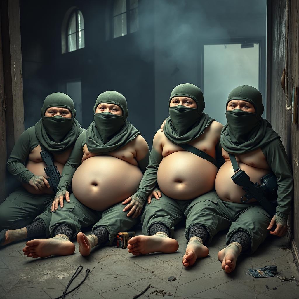 A humorous scene depicting four soldiers wearing Spetsnaz k6-3 helmets that cover their entire faces except for their eyes, each one adorned with a balaclava and portrayed as naked with exaggerated features