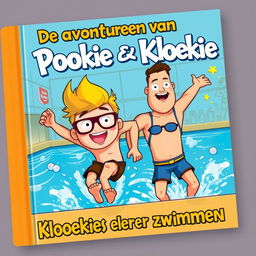 A tough and adventurous cover illustration for the first book in a series titled 'De avonturen van Pookie & Kloekie - Kloekie's eerste keer zwemmen'