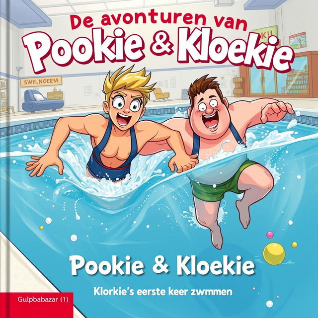 A tough and adventurous cover illustration for the first book in a series titled 'De avonturen van Pookie & Kloekie - Kloekie's eerste keer zwemmen'