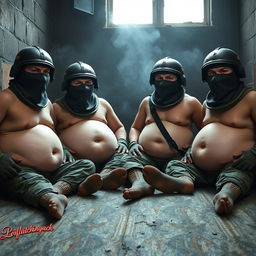 A humorous scene depicting four soldiers wearing Spetsnaz k6-3 helmets that cover their entire faces except for their eyes, each one adorned with a balaclava and portrayed as naked with exaggerated features