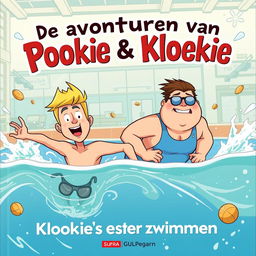 A tough and adventurous cover illustration for the first book in a series titled 'De avonturen van Pookie & Kloekie - Kloekie's eerste keer zwemmen'